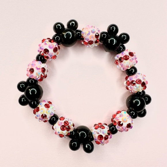 Mouse Ears Valentines Day Rhinestone Stretchy Bracelet Pink Red Sparkle Jewelry - Picture 2 of 3